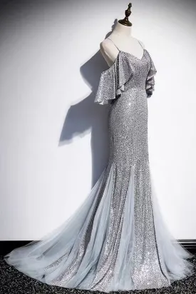 Long Formal Mermaid Silver Sequins Gown