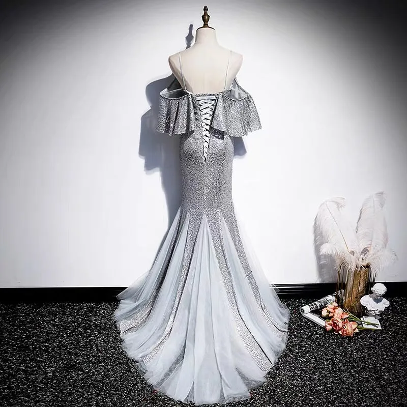 Long Formal Mermaid Silver Sequins Gown