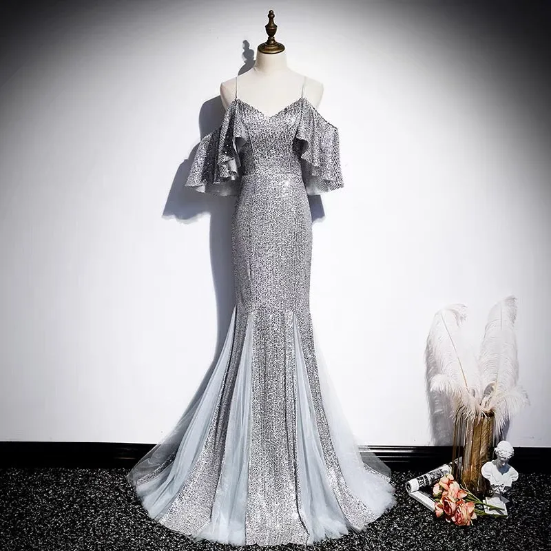 Long Formal Mermaid Silver Sequins Gown