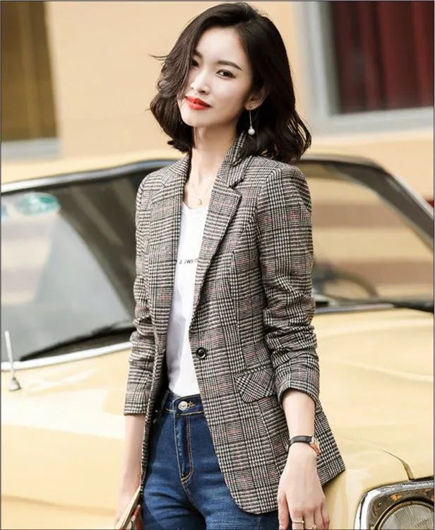 Luexco Women's Business Savvy Retro Plaid Suit Coat Blazer