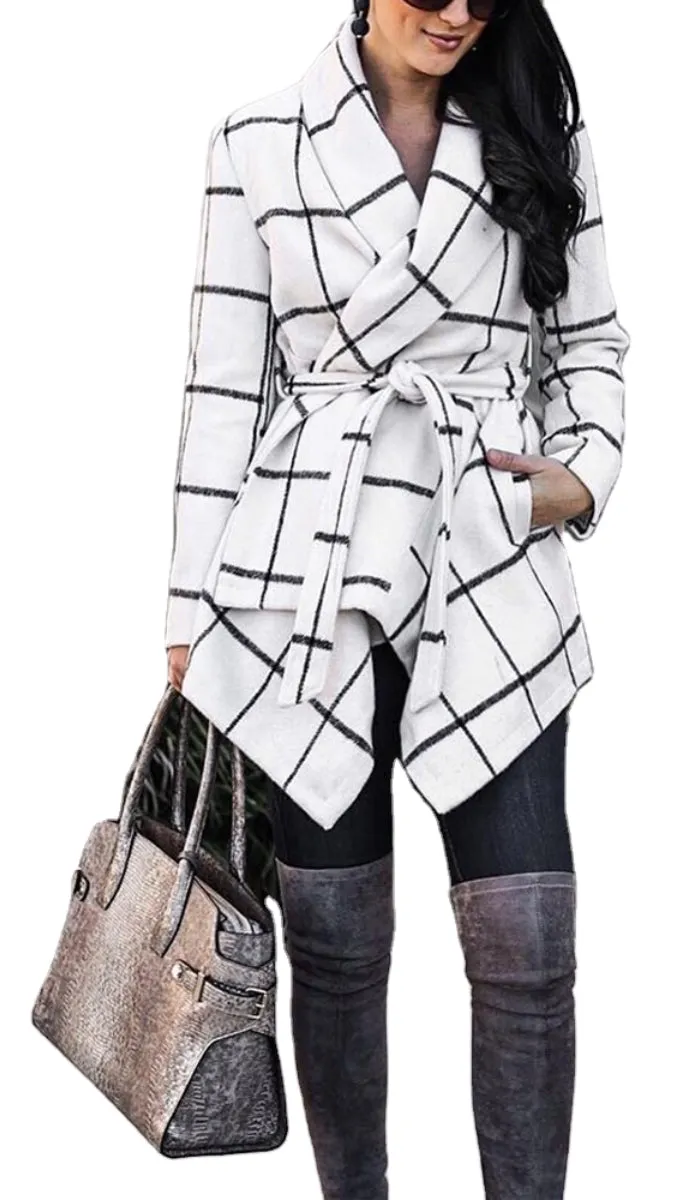 Luexco Women's OverCoat Lapel Woolen Plaid Asymmetrical Hem Cardigan Vintage