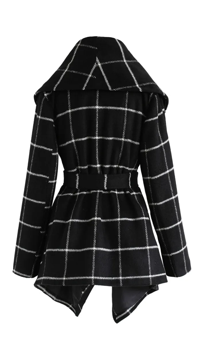 Luexco Women's OverCoat Lapel Woolen Plaid Asymmetrical Hem Cardigan Vintage