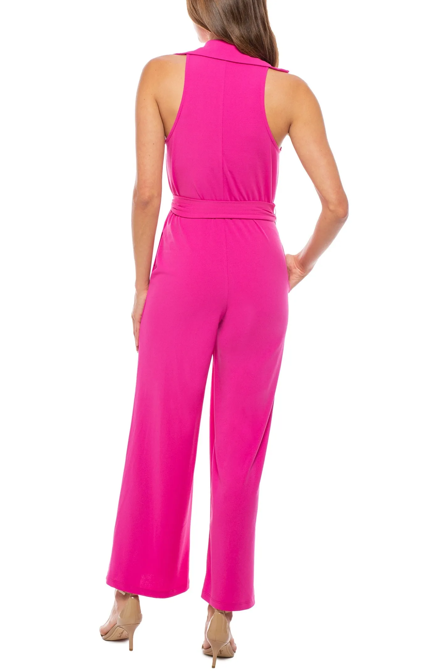 Marina Collared Sleeveless Tie Waist Scuba Crepe Jumpsuit