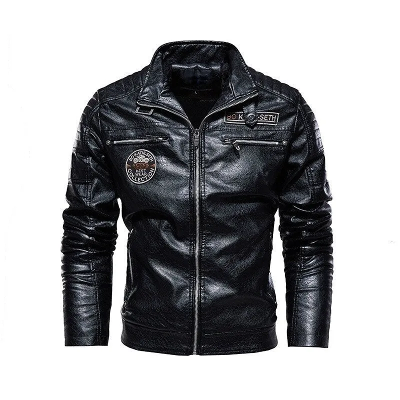 Men PU Leather Jacket Zipper Long Sleeve Turn Down Collar Coat