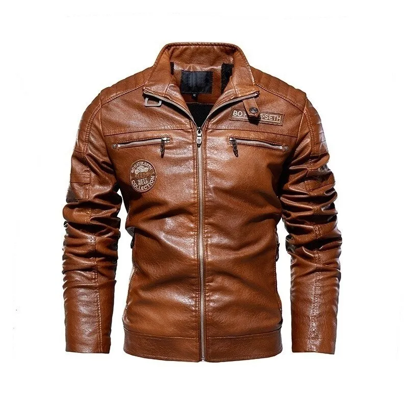 Men PU Leather Jacket Zipper Long Sleeve Turn Down Collar Coat