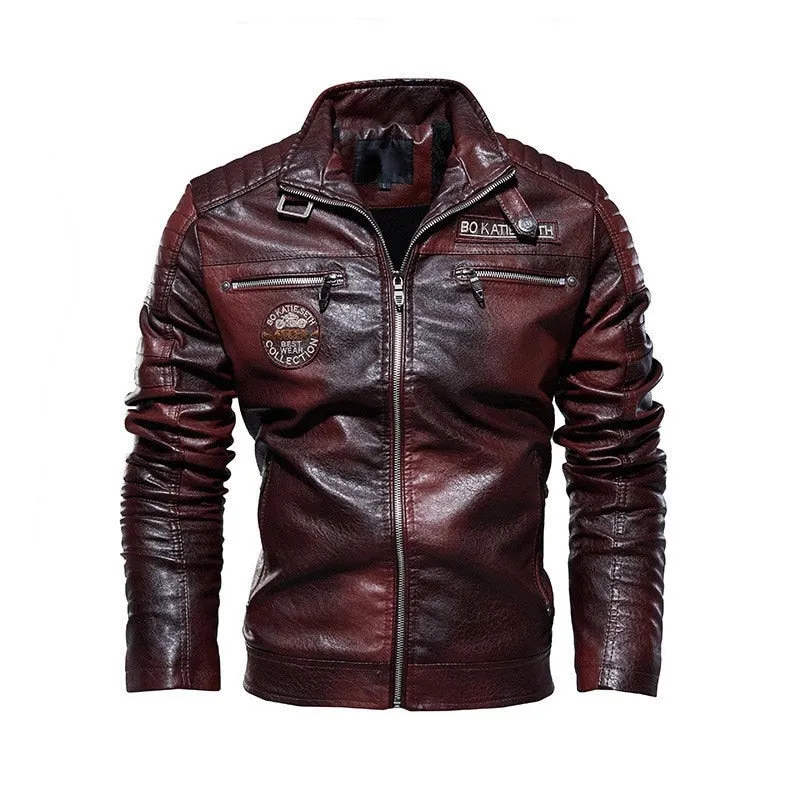 Men PU Leather Jacket Zipper Long Sleeve Turn Down Collar Coat