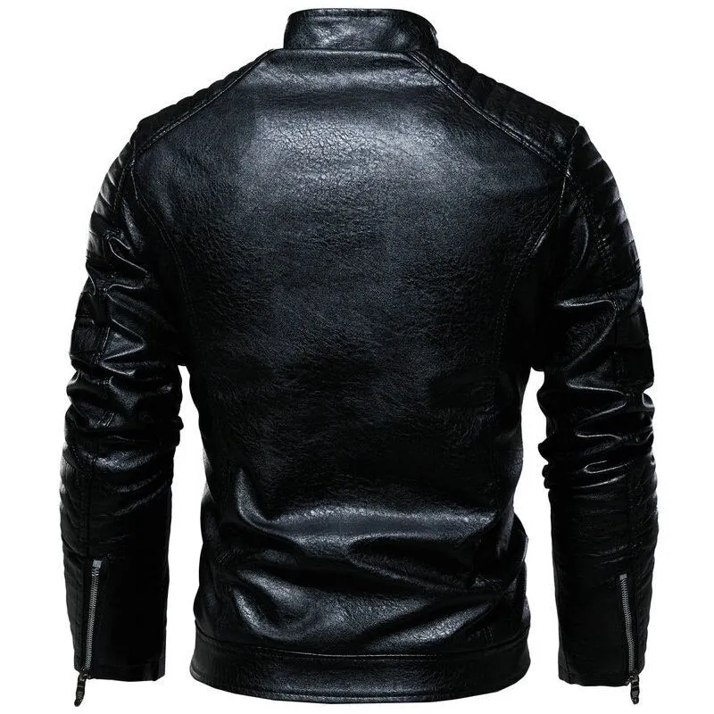 Men PU Leather Jacket Zipper Long Sleeve Turn Down Collar Coat