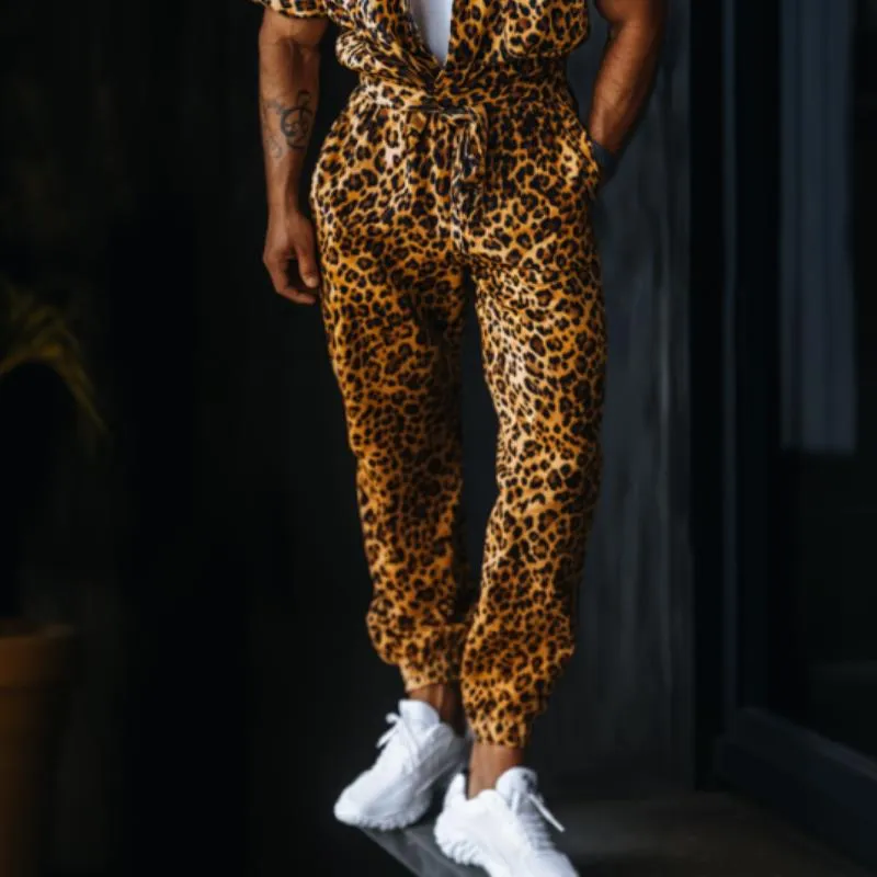 Men's Fashion Casual Leopard Print Satin Jumpsuit 54908108K