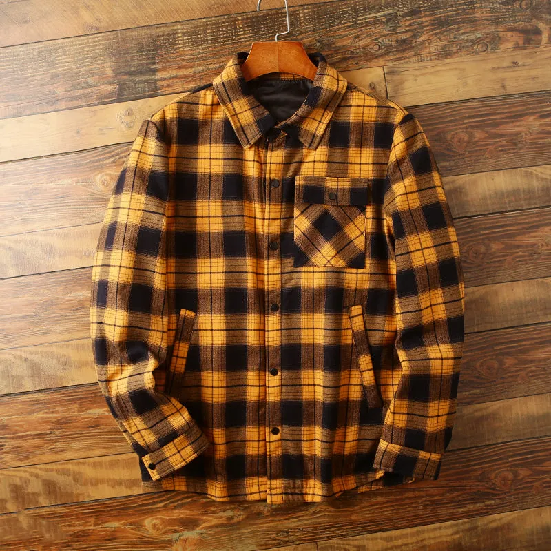 Mens Shirt Filler Coats autumn and winter warm overalls long-sleeved plaid shirt down jacket jacket