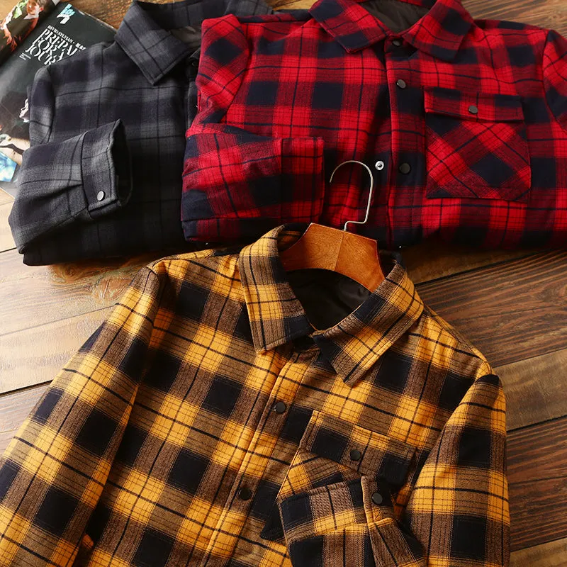 Mens Shirt Filler Coats autumn and winter warm overalls long-sleeved plaid shirt down jacket jacket