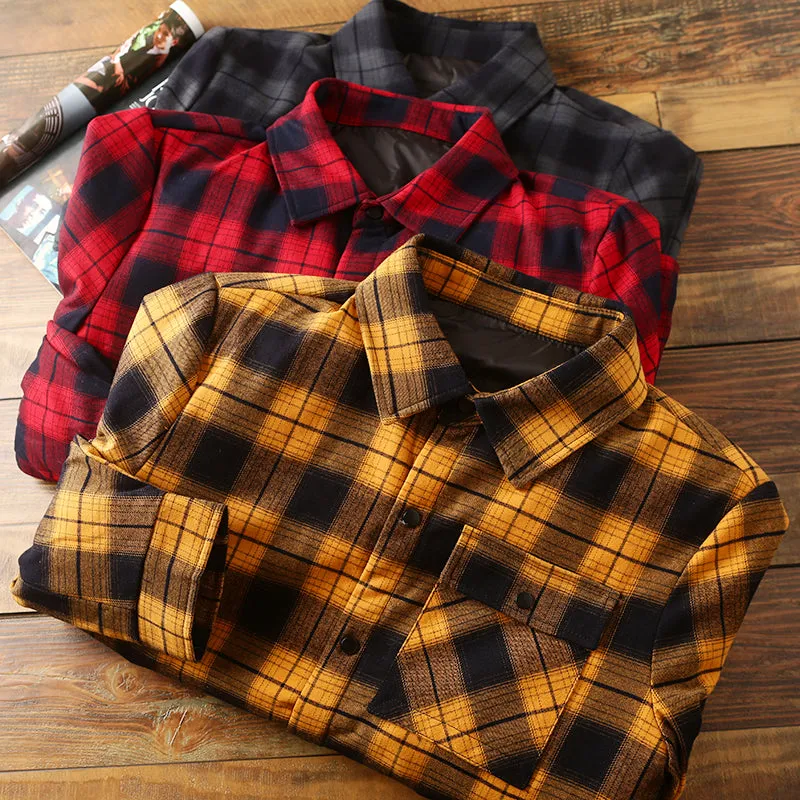 Mens Shirt Filler Coats autumn and winter warm overalls long-sleeved plaid shirt down jacket jacket