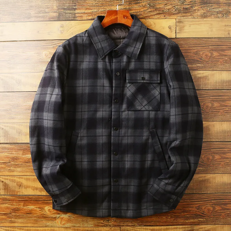 Mens Shirt Filler Coats autumn and winter warm overalls long-sleeved plaid shirt down jacket jacket