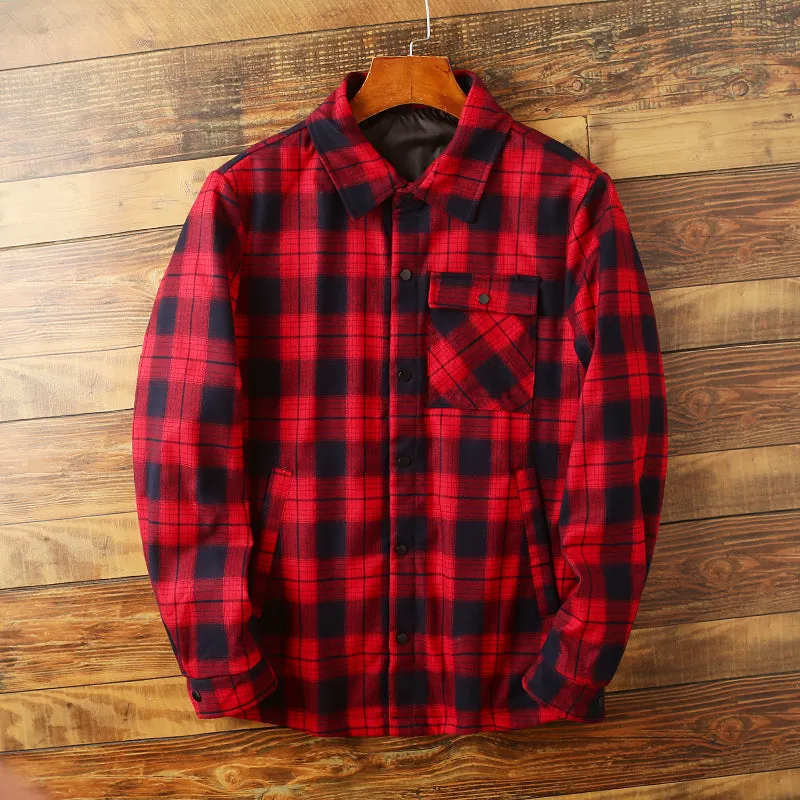 Mens Shirt Filler Coats autumn and winter warm overalls long-sleeved plaid shirt down jacket jacket