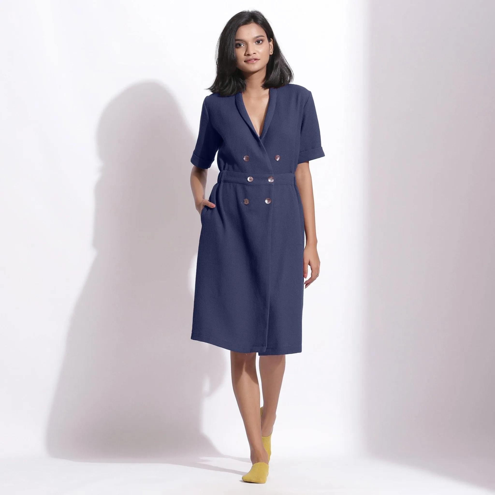 Navy Blue Cotton Waffle Knee Length Coat Dress