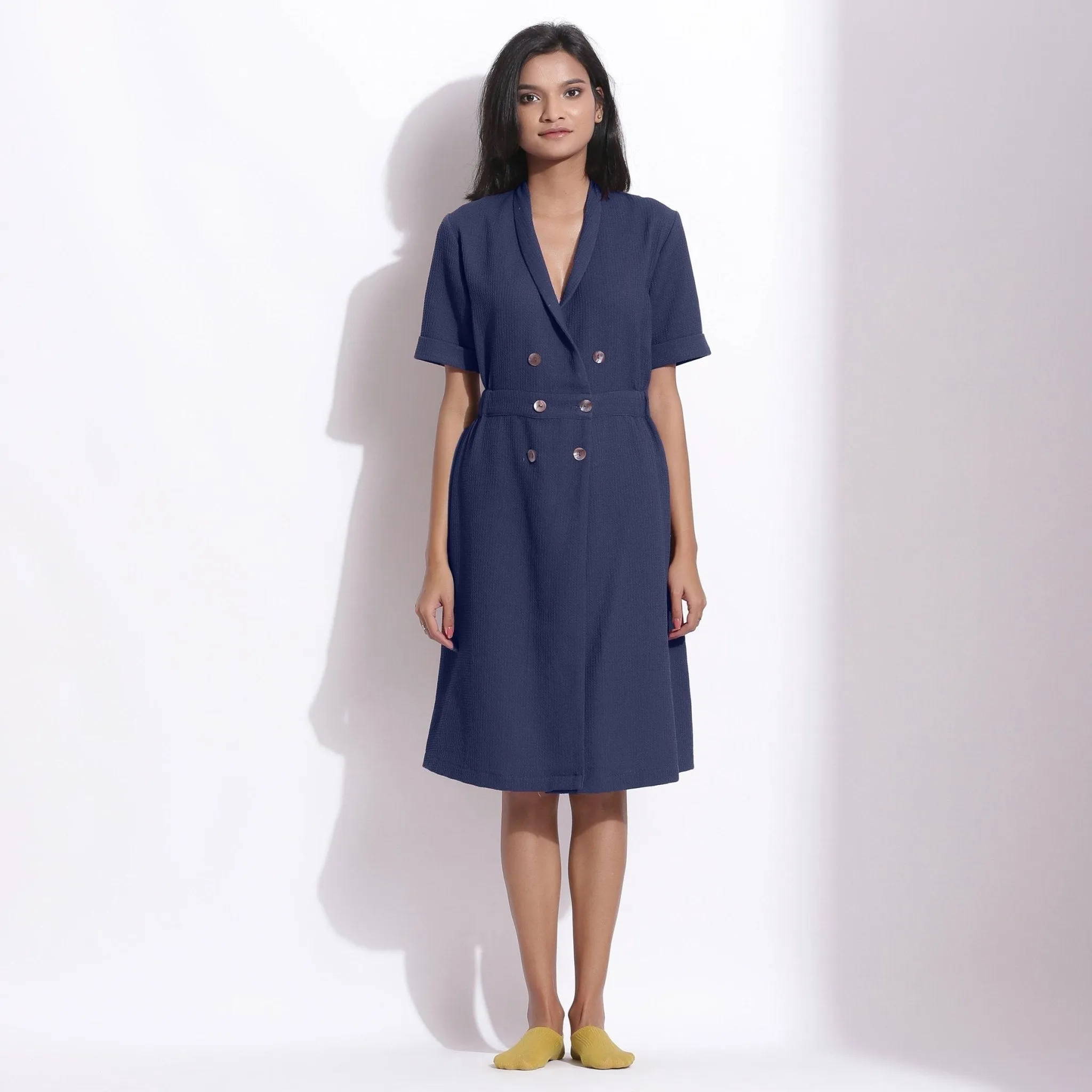 Navy Blue Cotton Waffle Knee Length Coat Dress