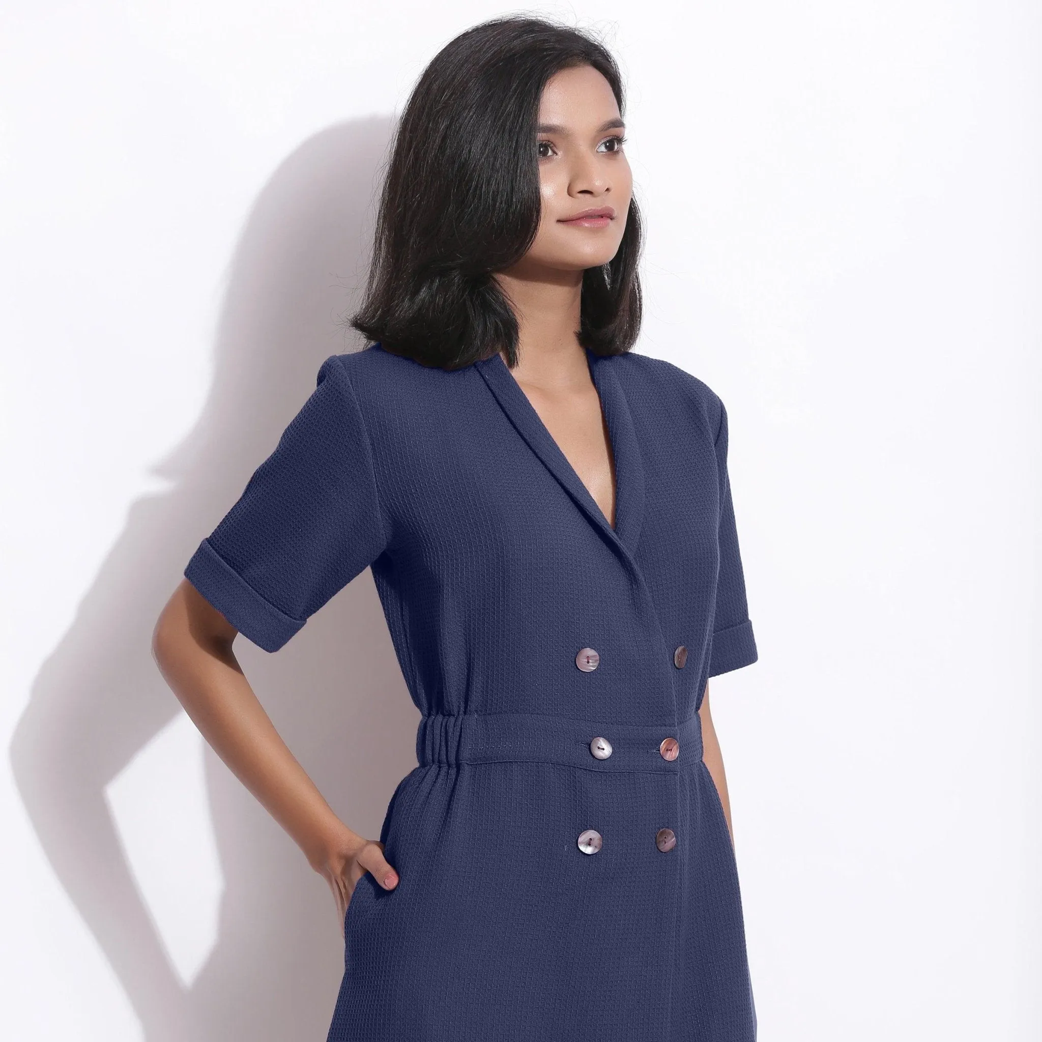 Navy Blue Cotton Waffle Knee Length Coat Dress