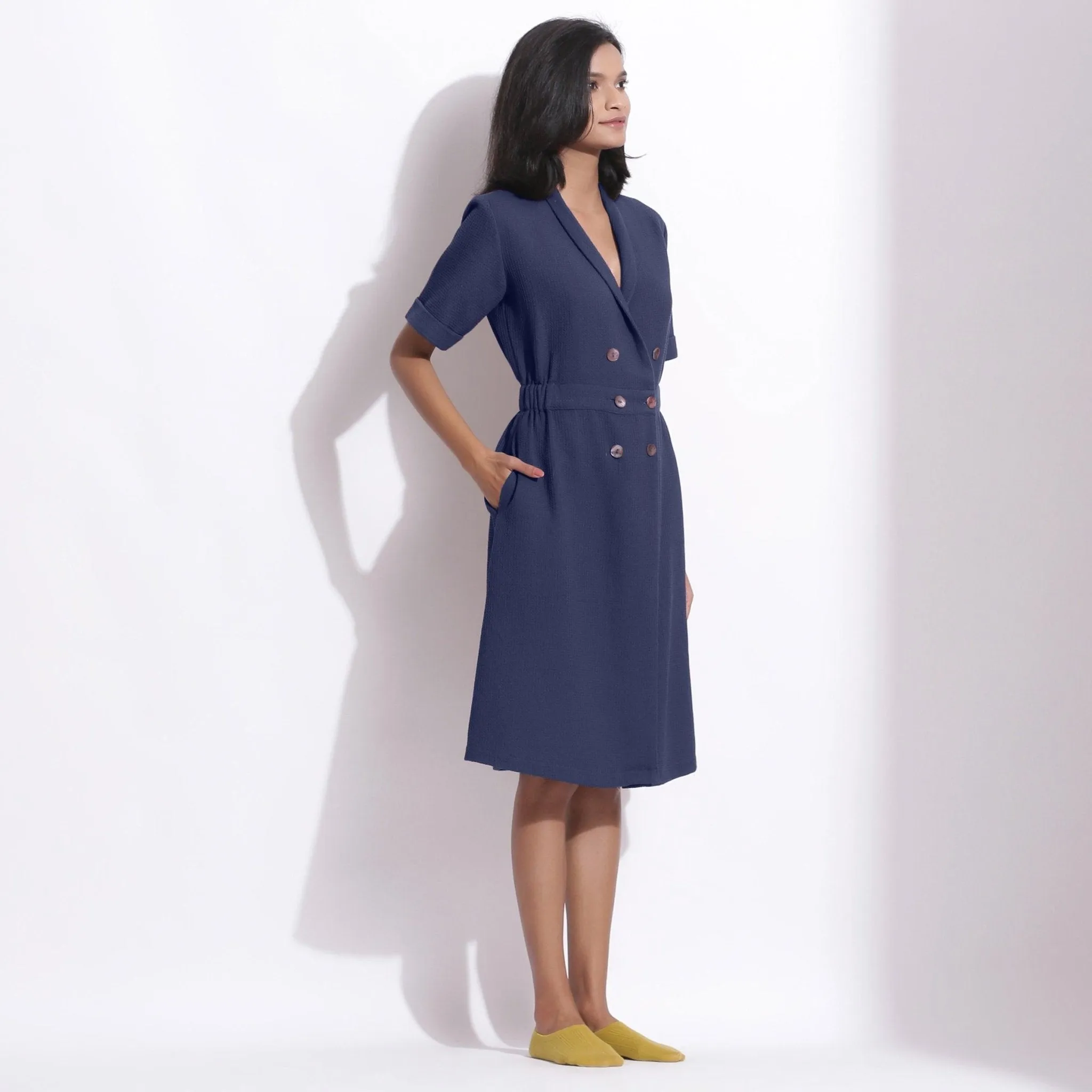 Navy Blue Cotton Waffle Knee Length Coat Dress