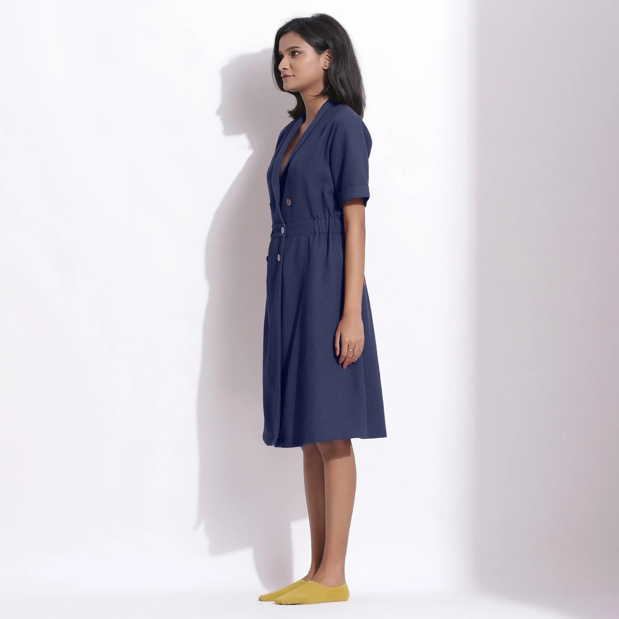 Navy Blue Cotton Waffle Knee Length Coat Dress