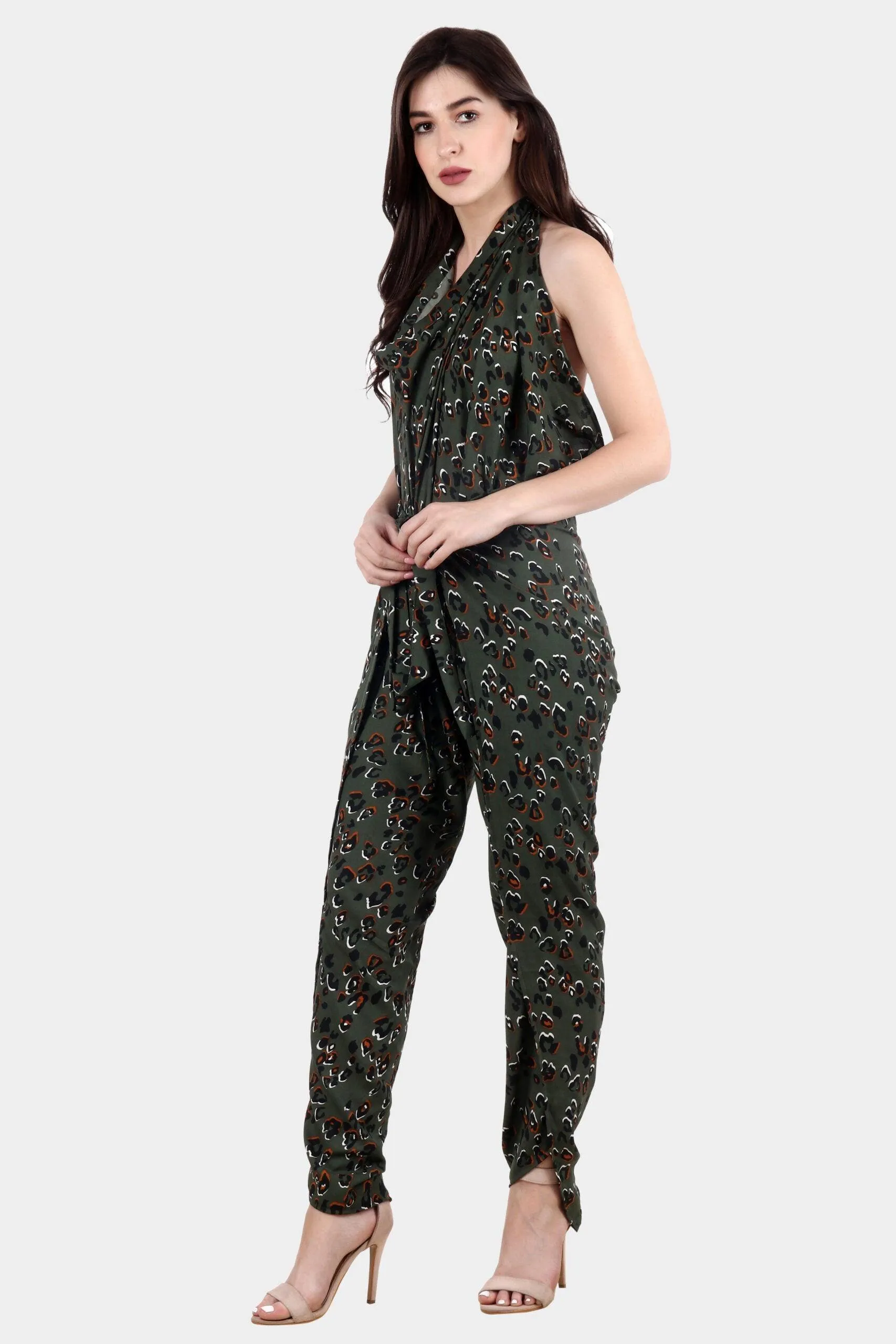 Olive Green Leopard Printed Multiwear Jumpsuit/Pant