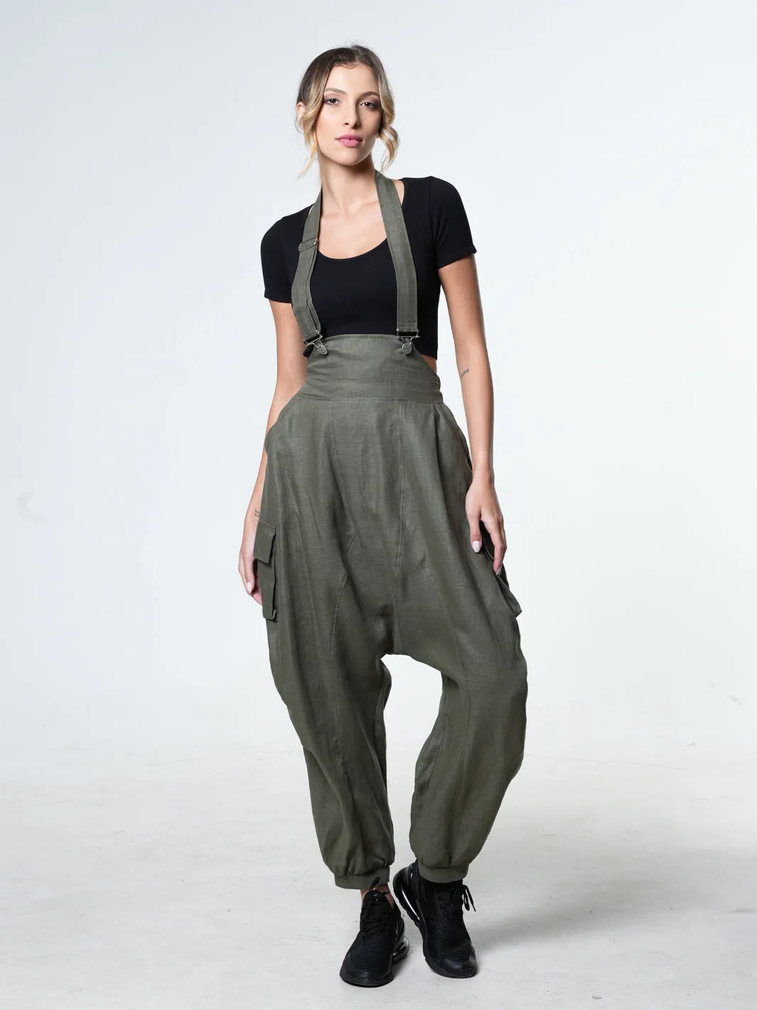 Oversize Linen Jumpsuit In Khaki