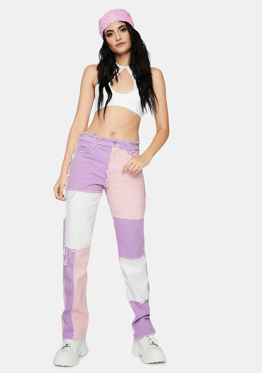 Pastel Lilac Patchwork Denim Boyfriend Jeans