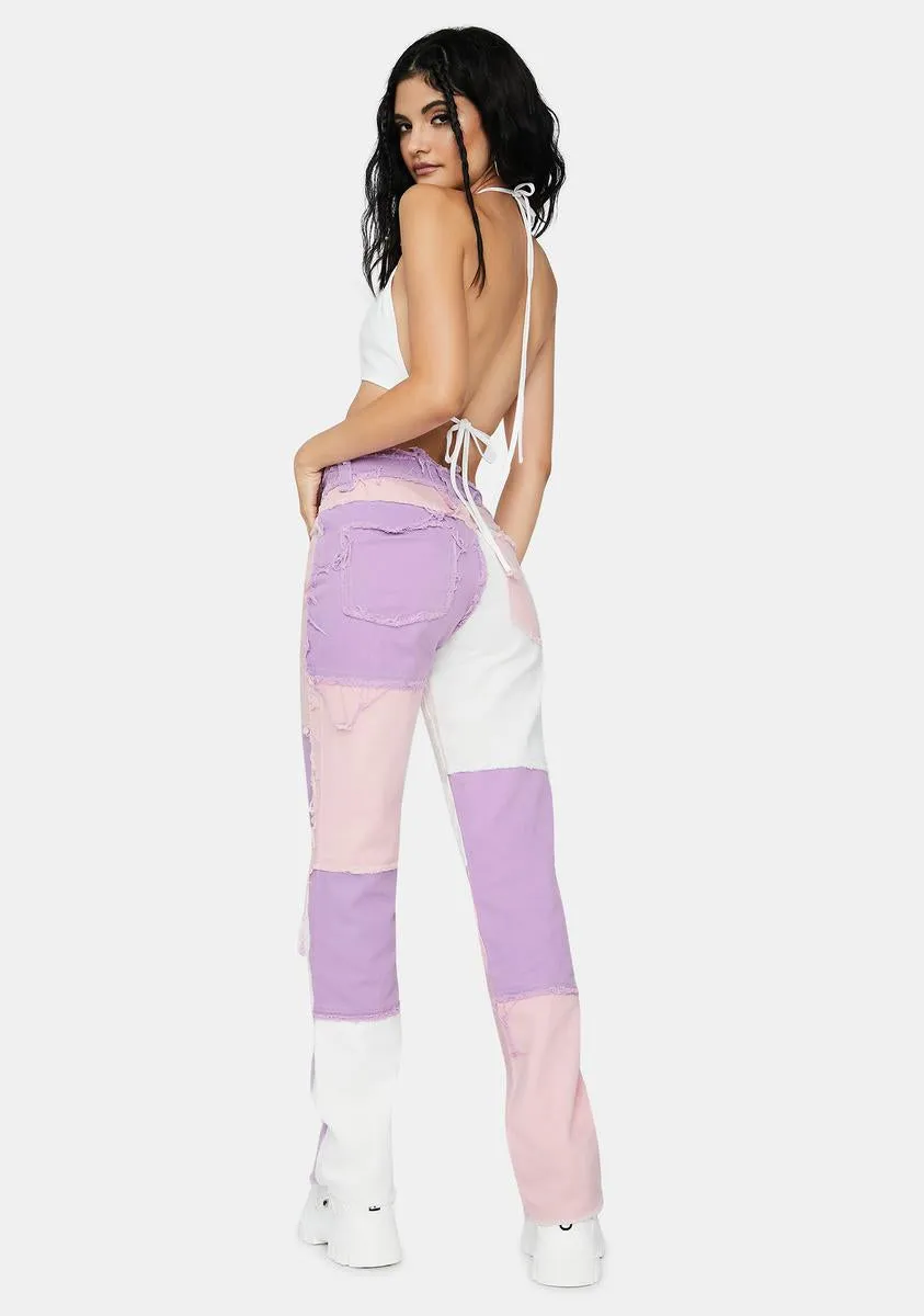 Pastel Lilac Patchwork Denim Boyfriend Jeans