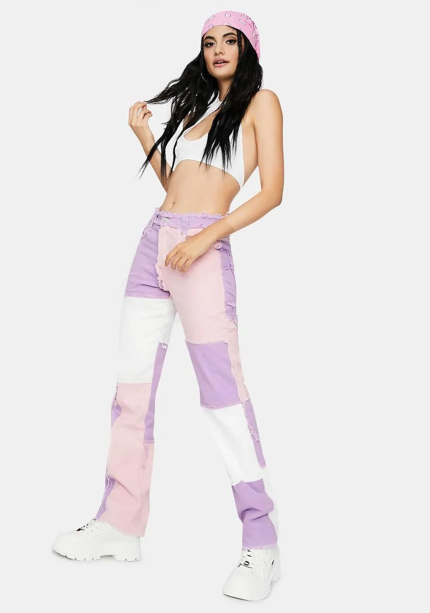 Pastel Lilac Patchwork Denim Boyfriend Jeans