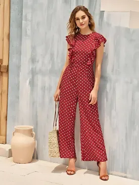 Polka Dots & Ruffles: Dark Red Playful Jumpsuit