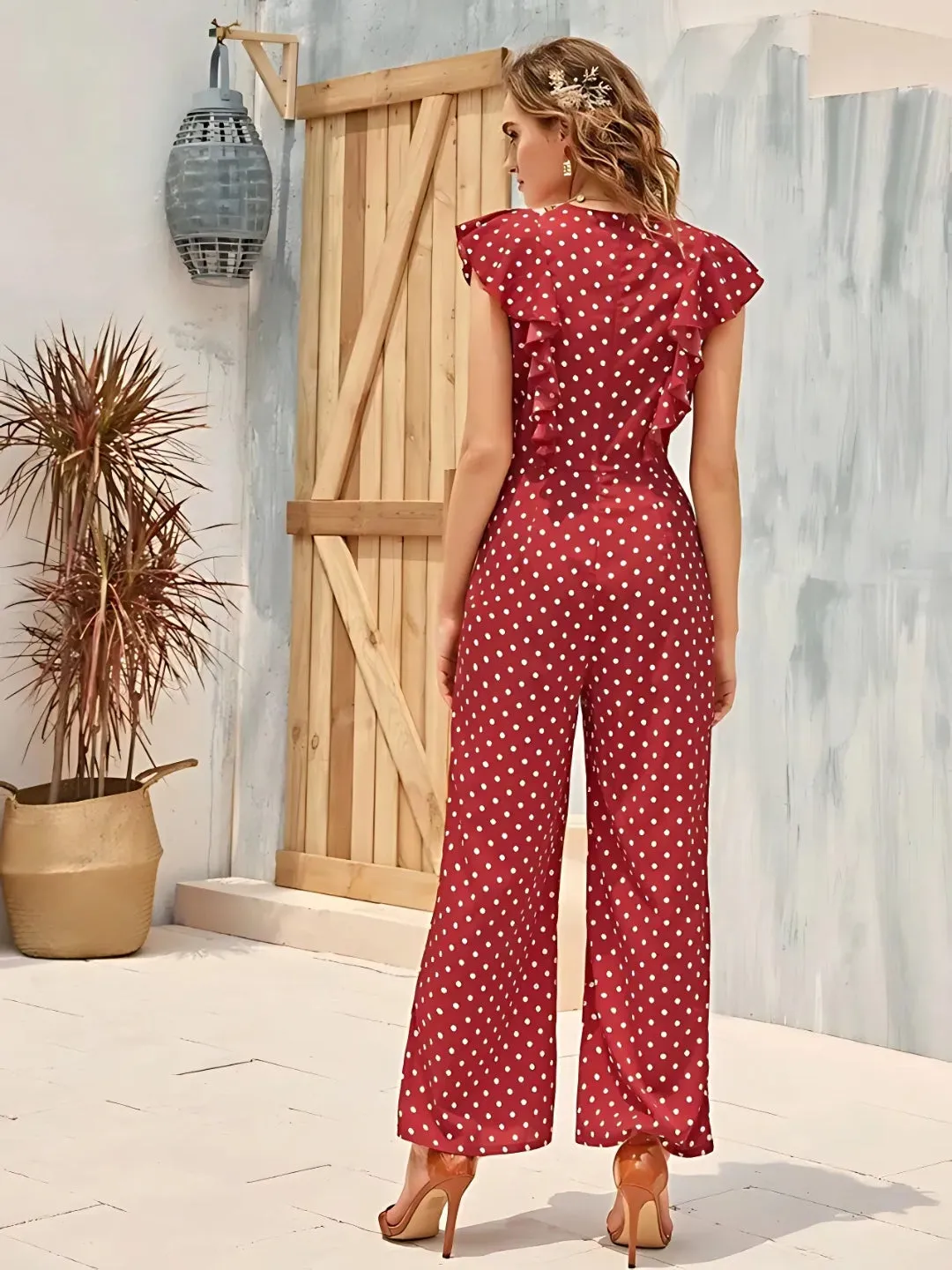 Polka Dots & Ruffles: Dark Red Playful Jumpsuit