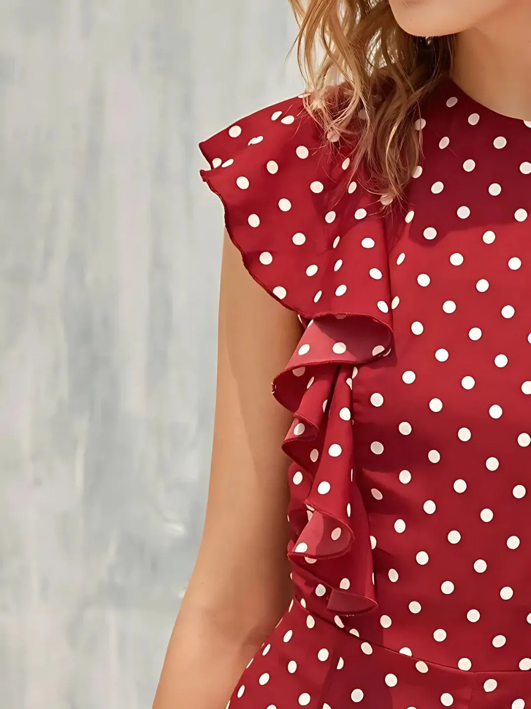 Polka Dots & Ruffles: Dark Red Playful Jumpsuit