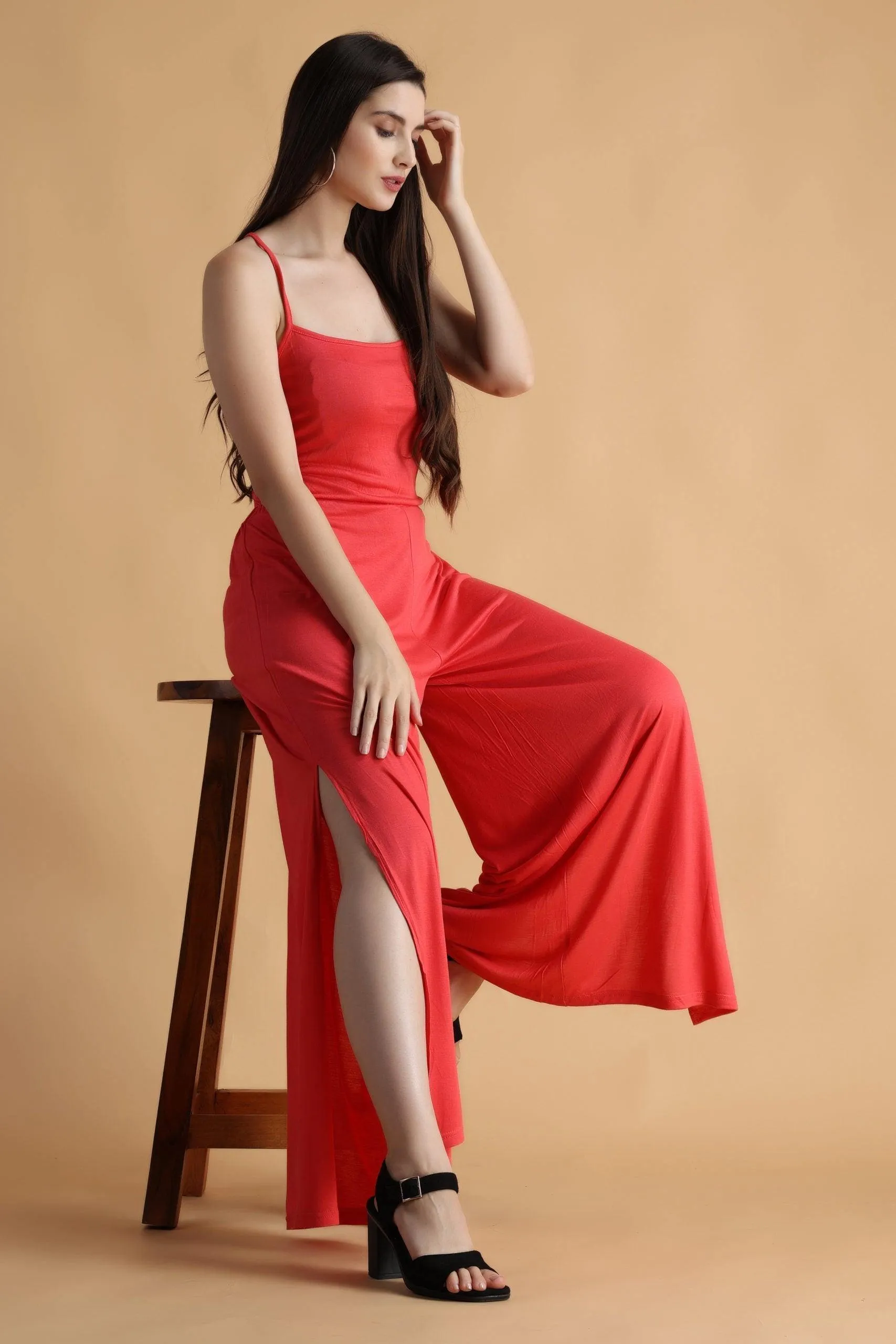 Red Solid Criss Cross Back Tie Jumpsuit with Side Slits