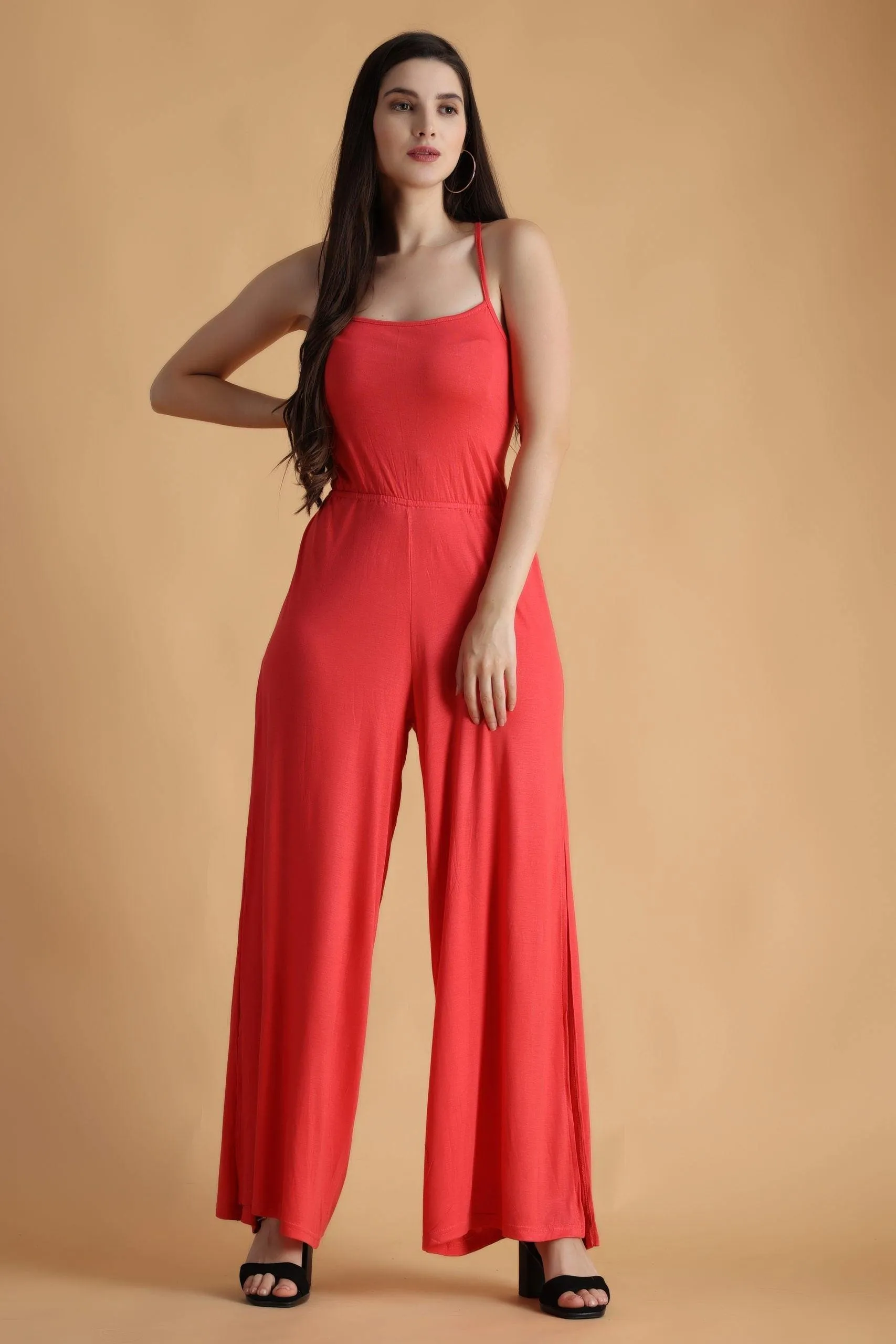 Red Solid Criss Cross Back Tie Jumpsuit with Side Slits