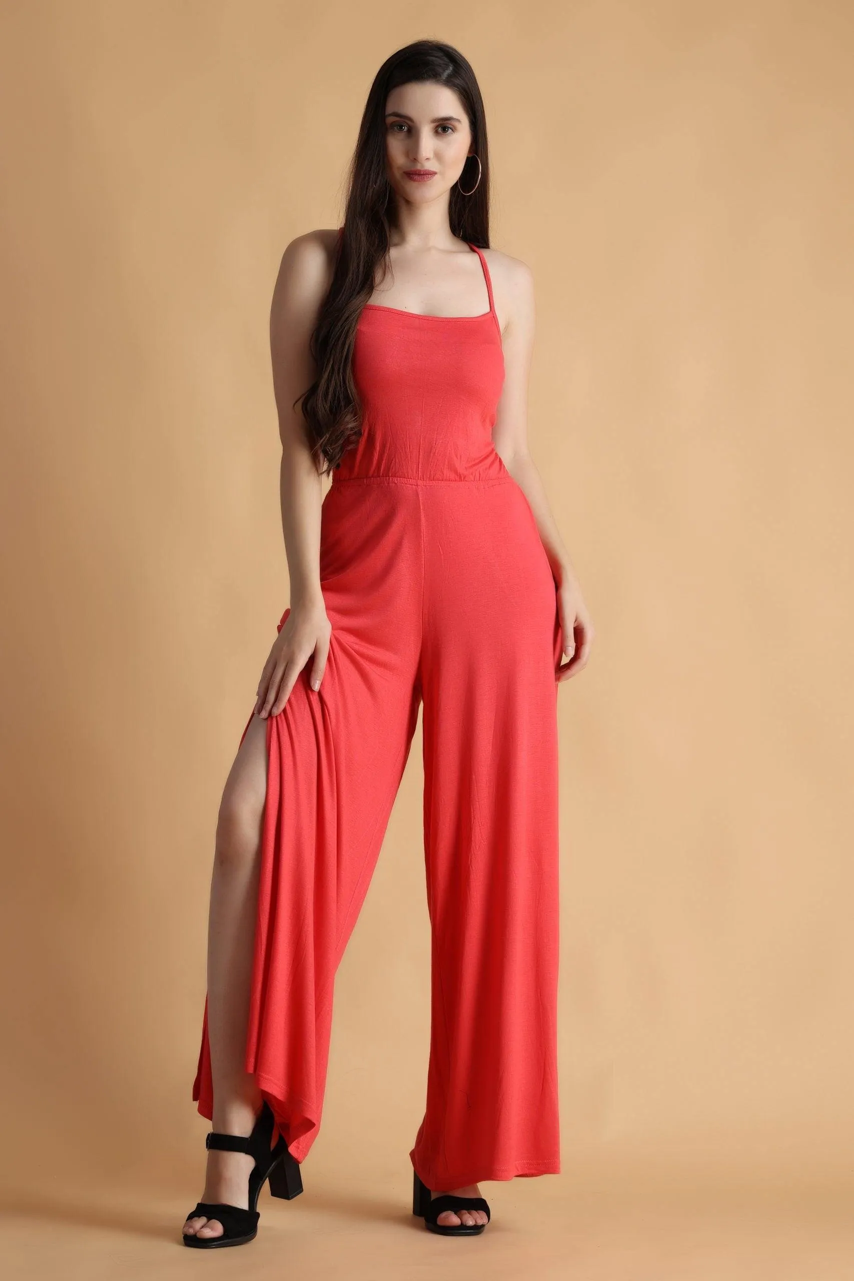 Red Solid Criss Cross Back Tie Jumpsuit with Side Slits