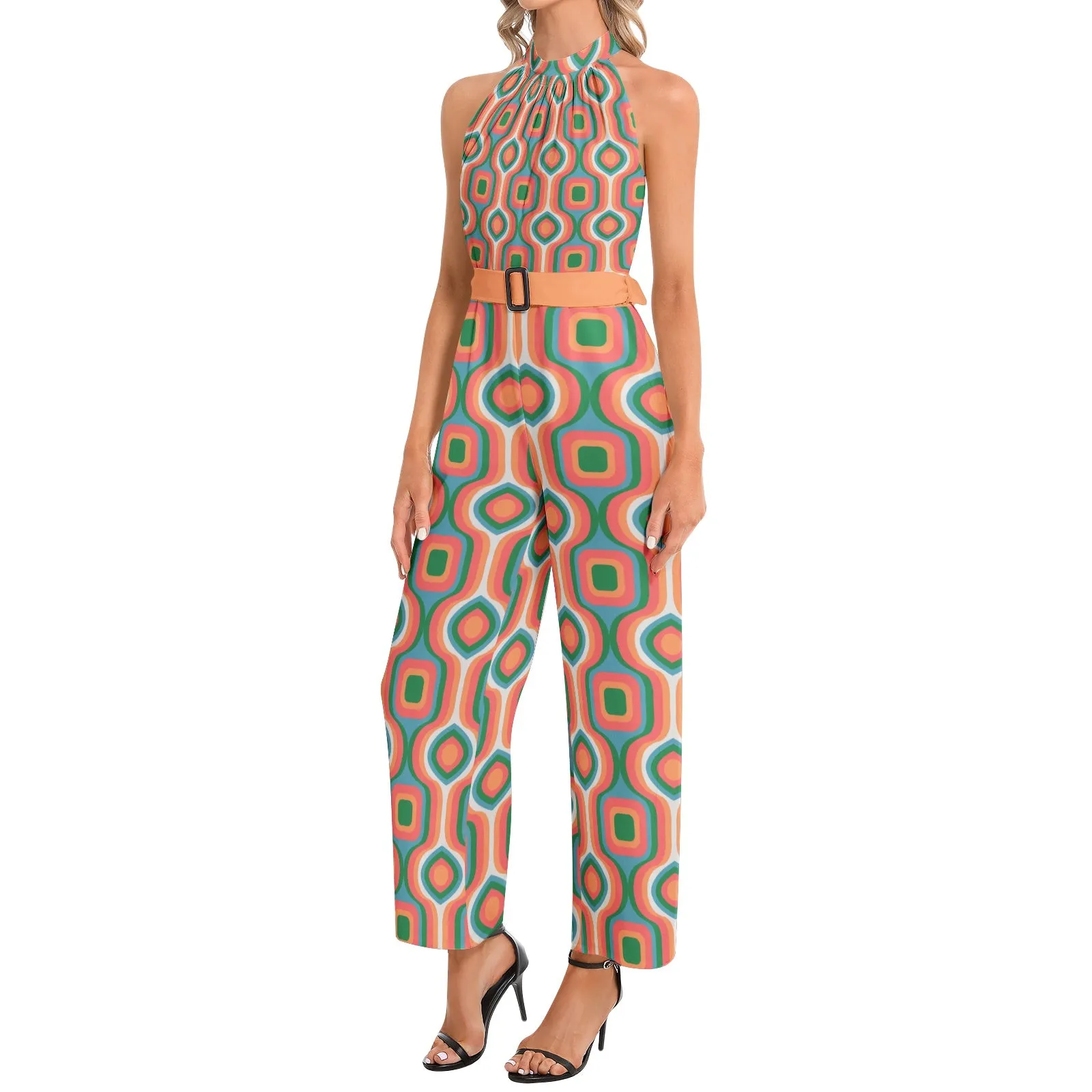 Retro Eccentric Halter Neck Buckle Belted Jumpsuit