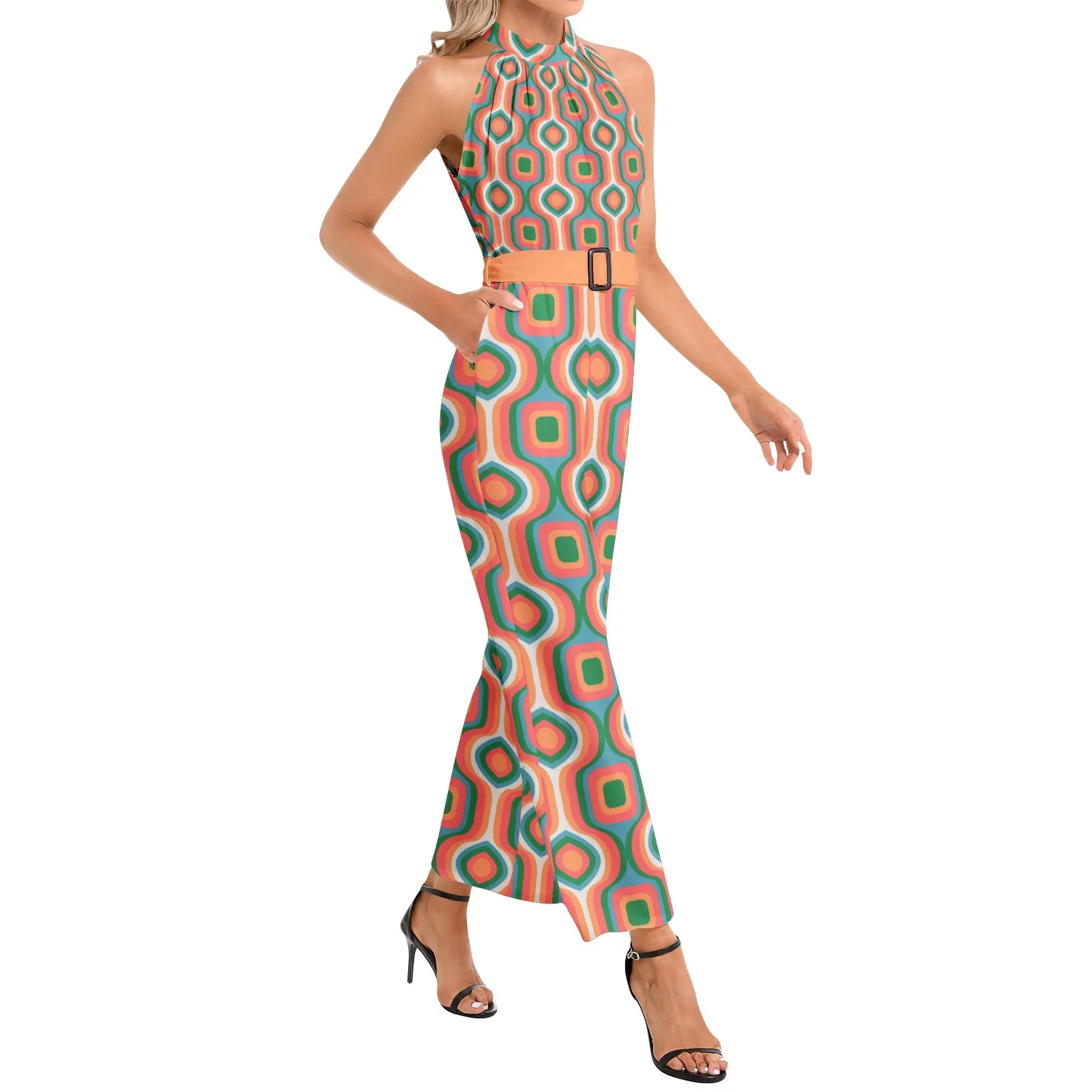 Retro Eccentric Halter Neck Buckle Belted Jumpsuit