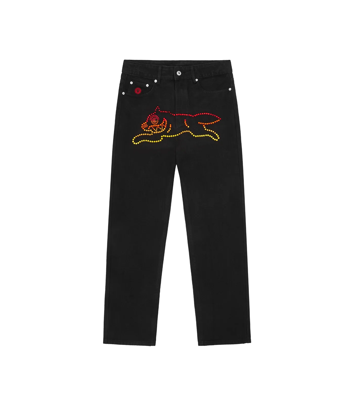 RHINESTONE RUNNING DOG DENIM PANTS - BLACK