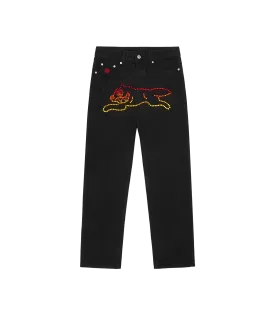 RHINESTONE RUNNING DOG DENIM PANTS - BLACK