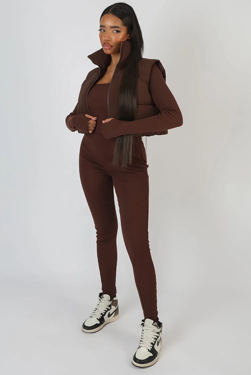 Rib Square Neck Legging Unitard Jumpsuit Chocolate