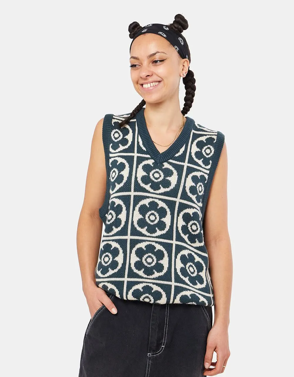 Route One Majolica Knitted Vest - Teal/Ivory Cream