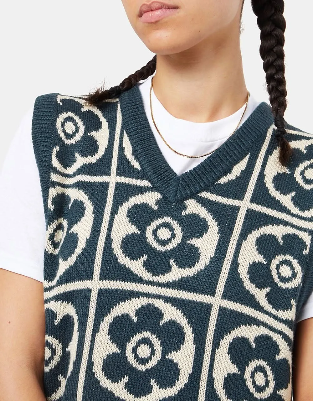 Route One Majolica Knitted Vest - Teal/Ivory Cream