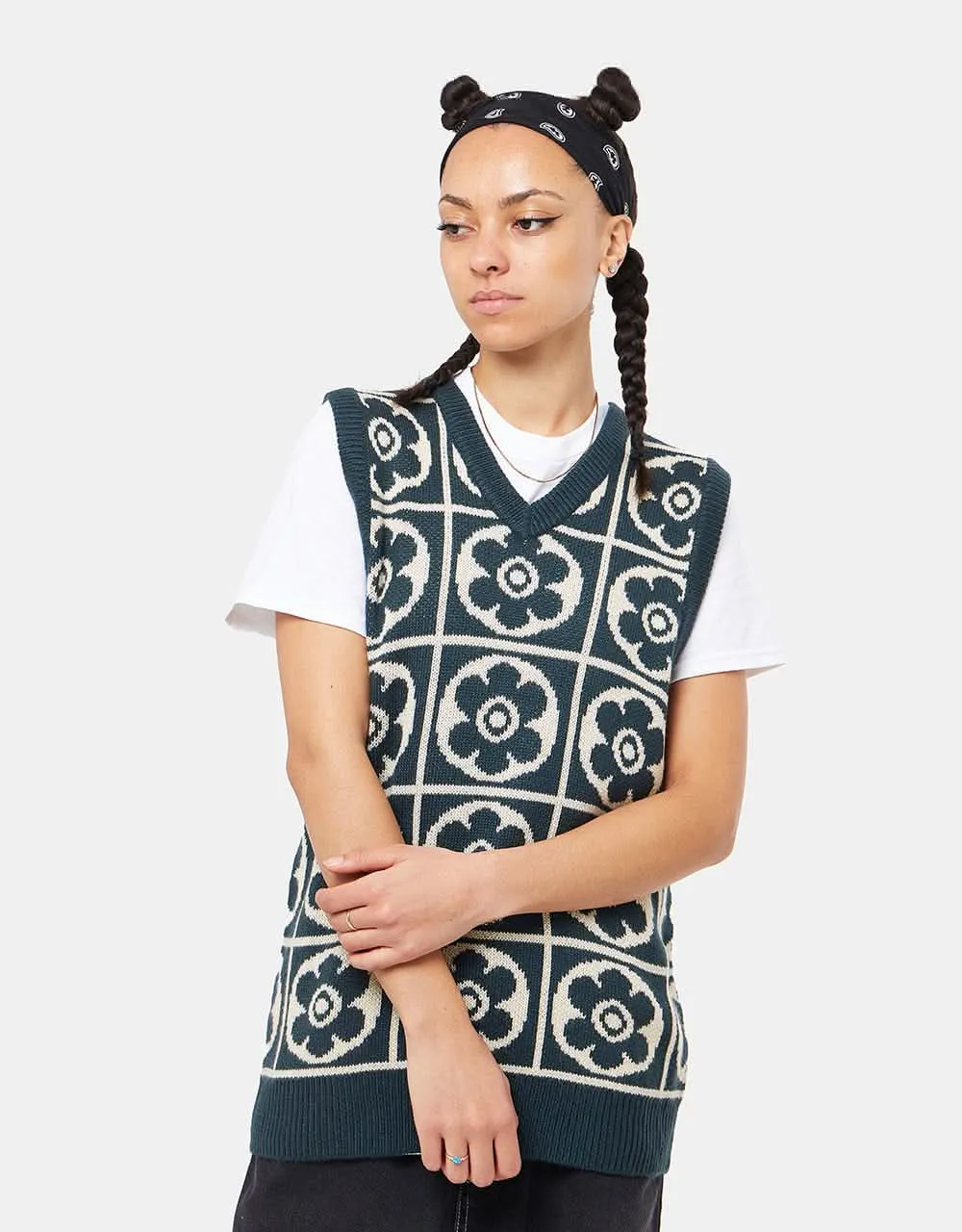 Route One Majolica Knitted Vest - Teal/Ivory Cream