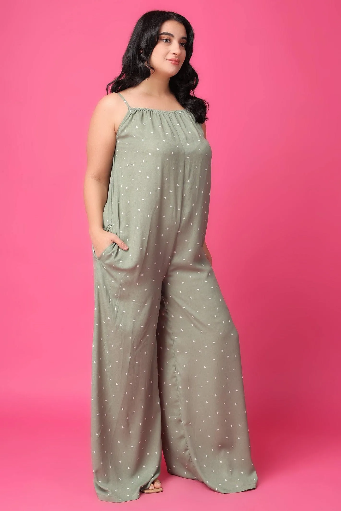 Sage Green Polka Dots Printed Jumpsuit