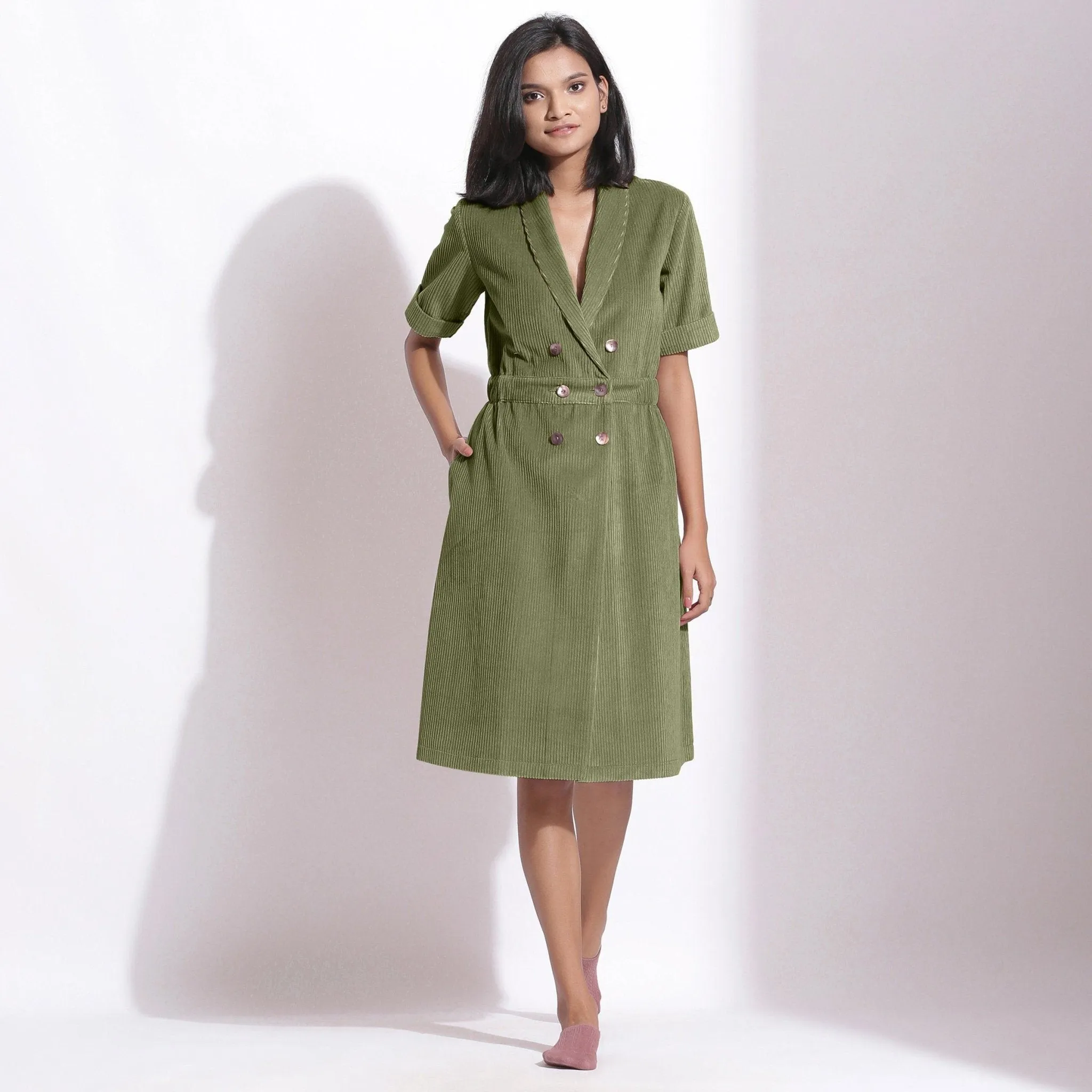 Sage Green Warm Cotton Corduroy Knee Length Coat Dress