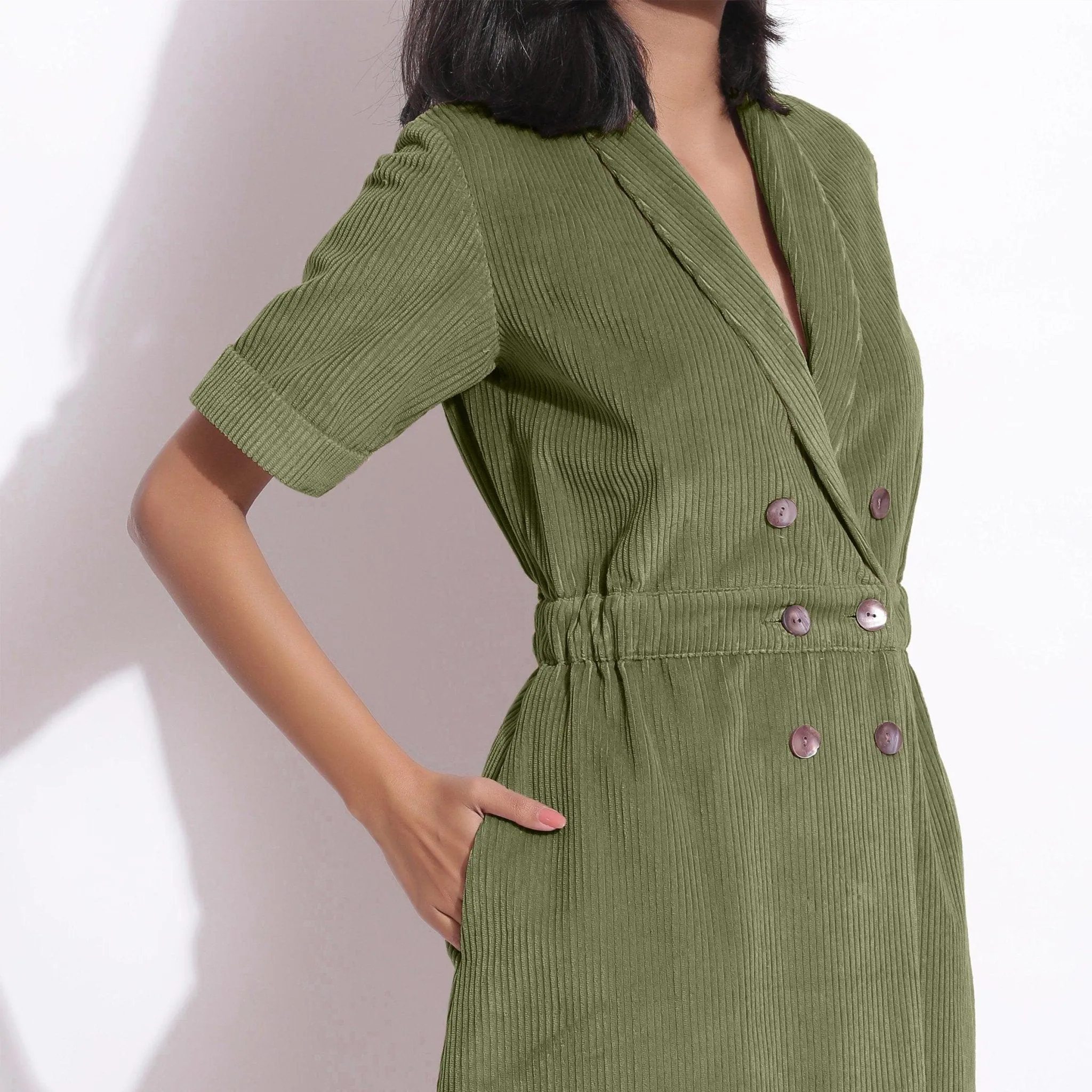 Sage Green Warm Cotton Corduroy Knee Length Coat Dress