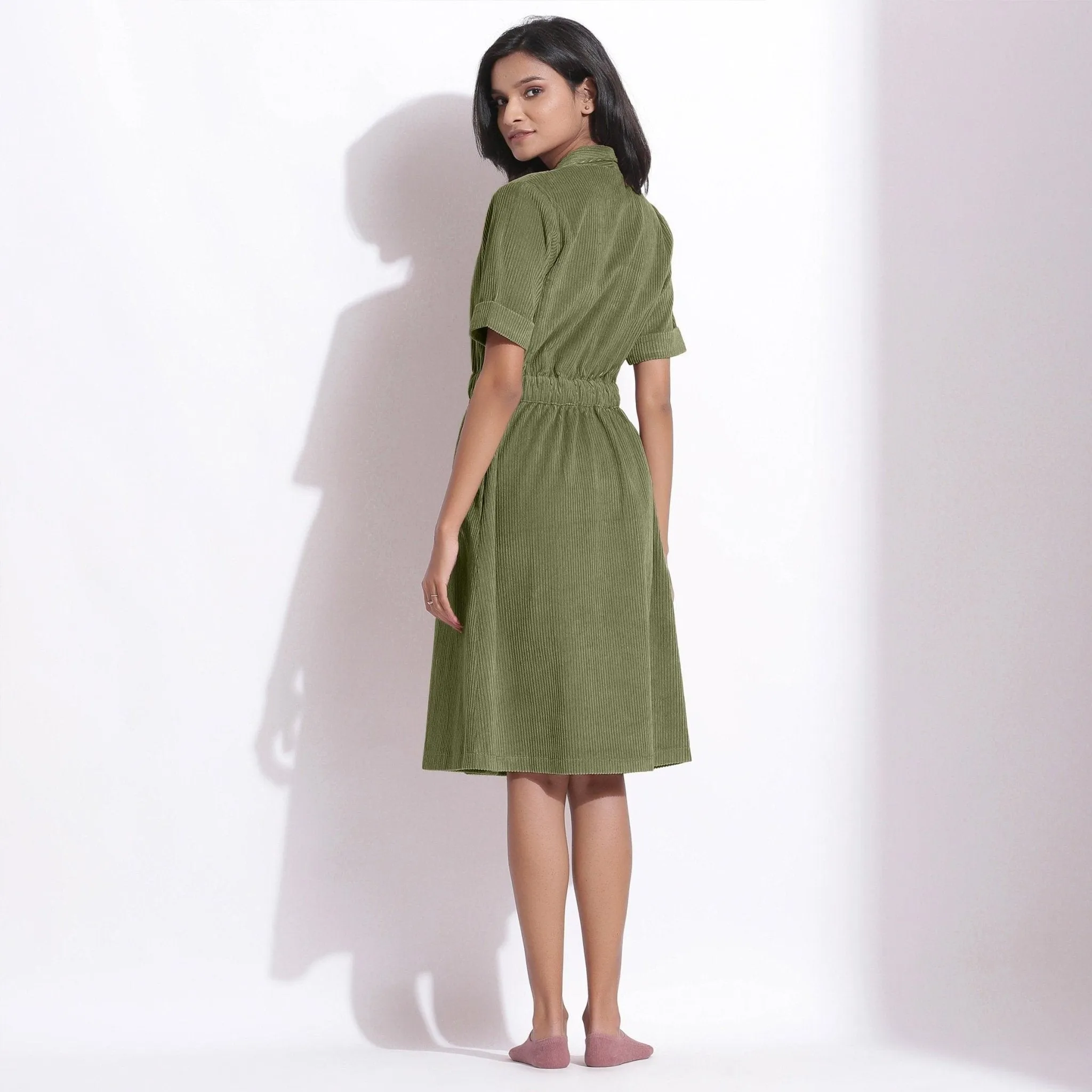 Sage Green Warm Cotton Corduroy Knee Length Coat Dress