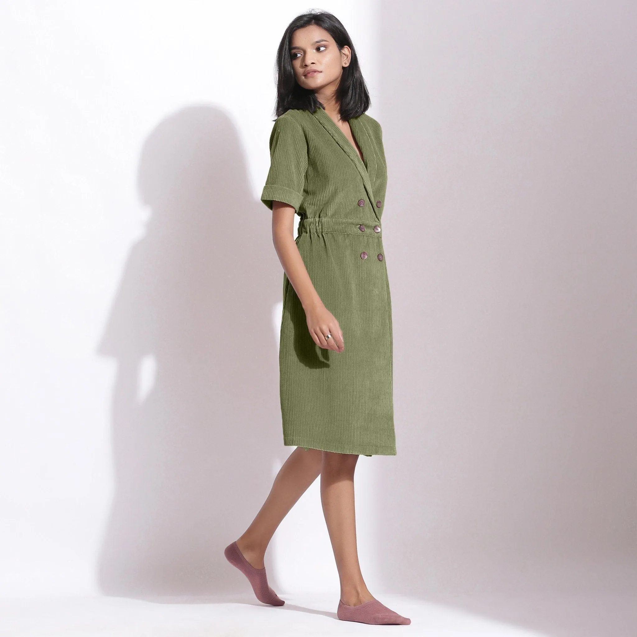 Sage Green Warm Cotton Corduroy Knee Length Coat Dress