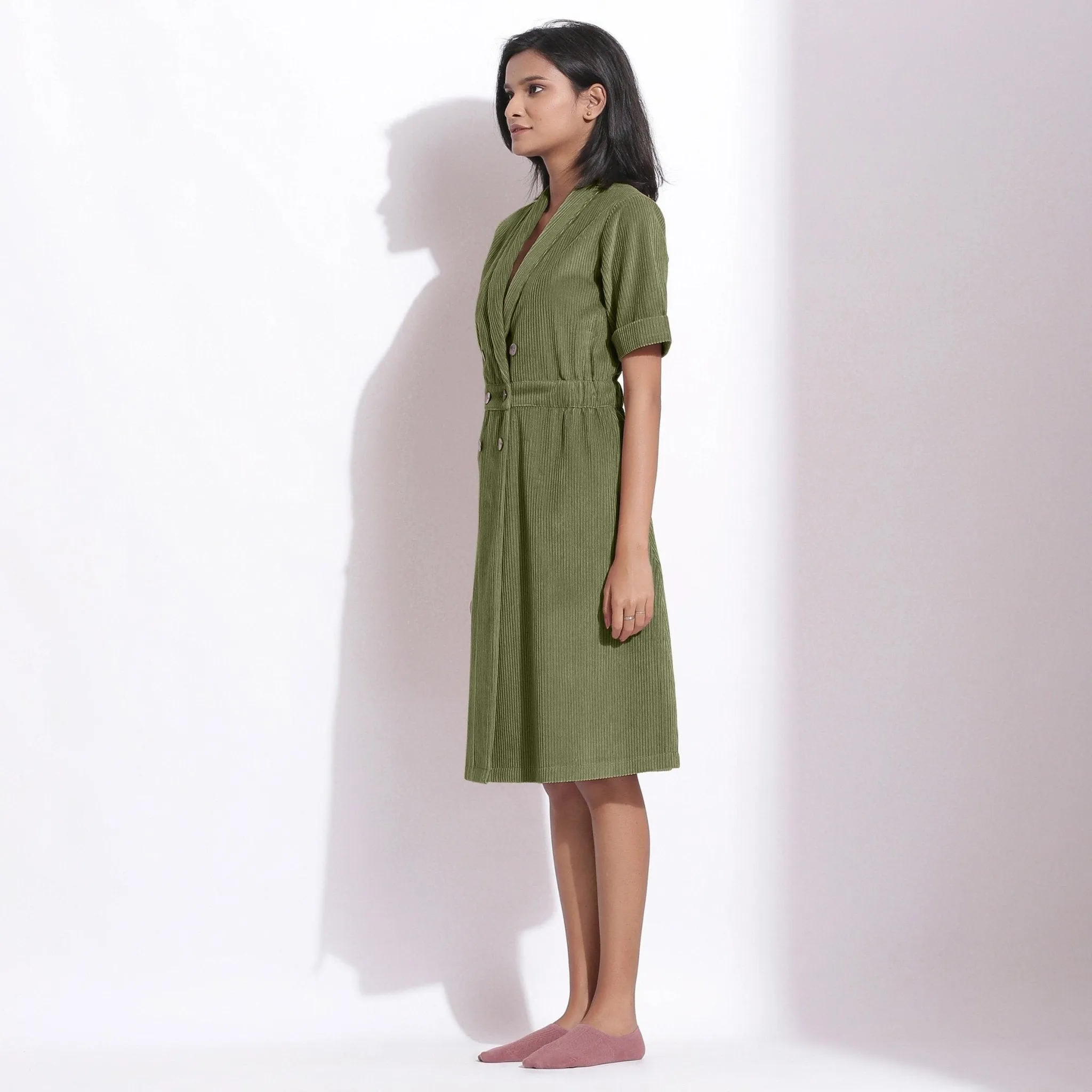 Sage Green Warm Cotton Corduroy Knee Length Coat Dress