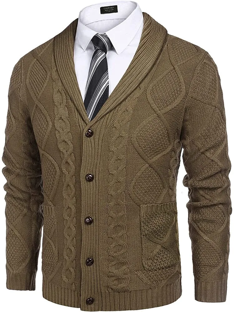 Shawl Collar Button Down Knitted Sweater with Pockets (US Only)