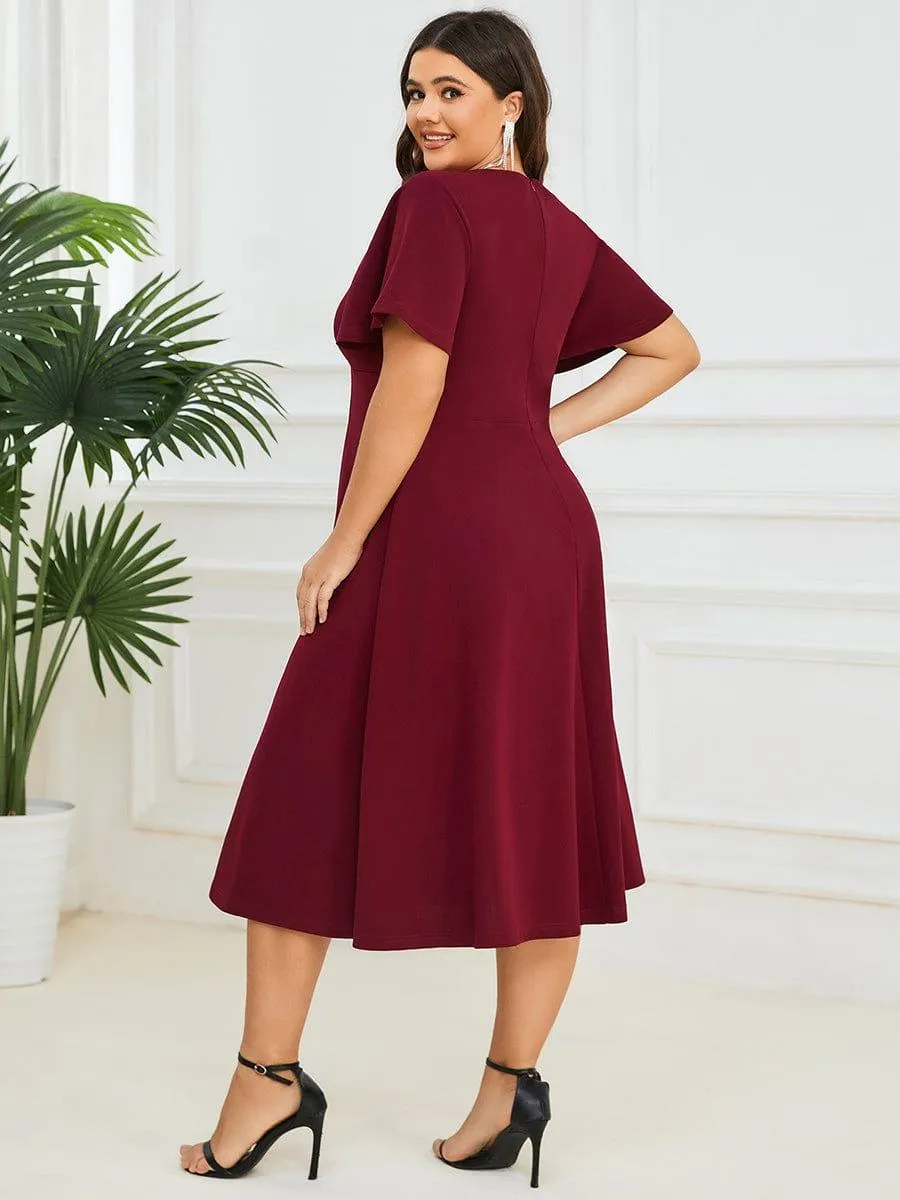 Short Flutter Sleeve V-Neck Midi Mother of the Bride Dress