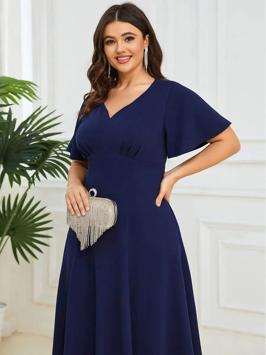 Short Flutter Sleeve V-Neck Midi Mother of the Bride Dress